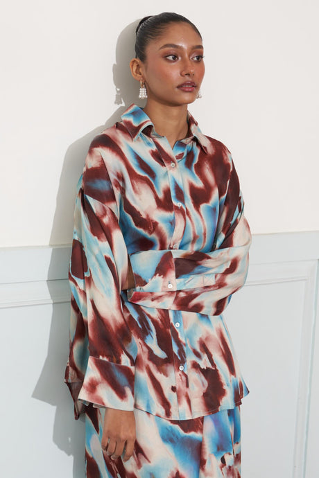 Blue Cocoa Swirl Satin Oversized Shirt